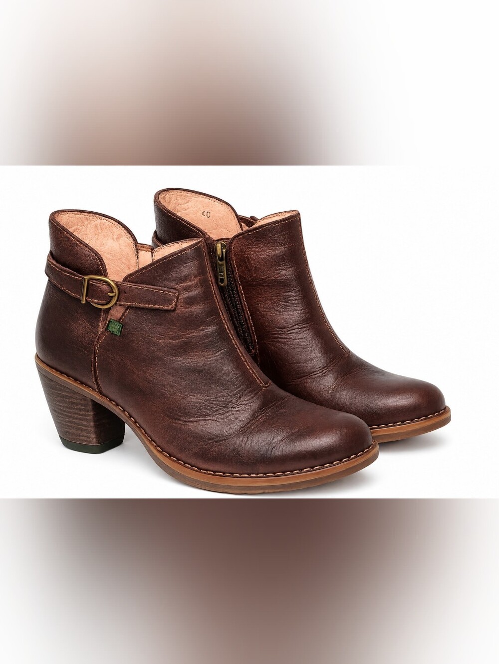 El Naturalista Brown Leather Ankle Boots Buckle Zip Heeled Booties EU 40